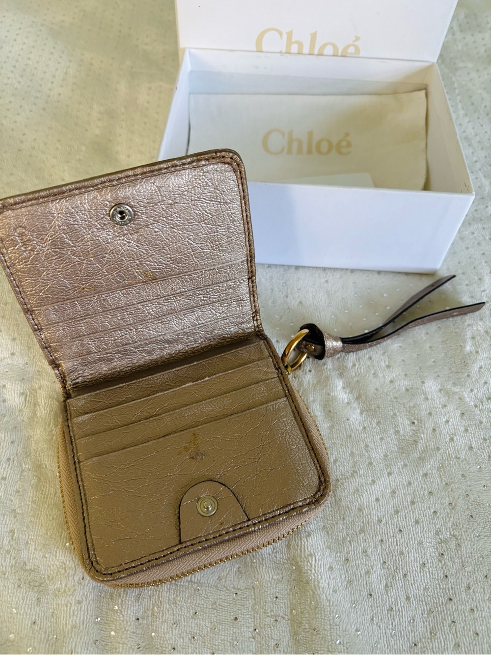 Chloé Square Leather Wristlet in Shimmery Taupe with Champagne/Gold Logo - Picture 6 of 9
